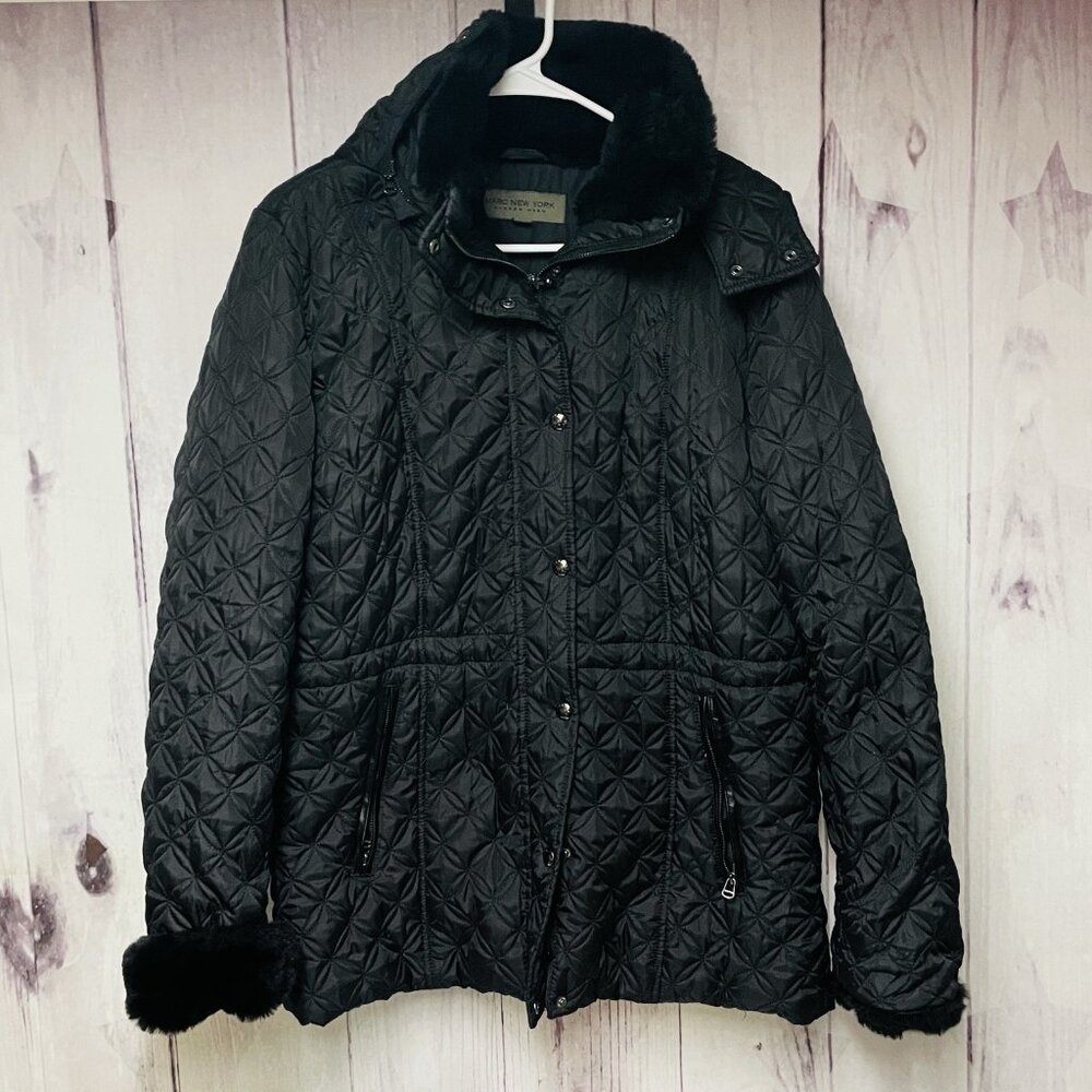 Marc New York Andrew Marc Women's Size Medium Black Quilted Hooded Zipper Coat